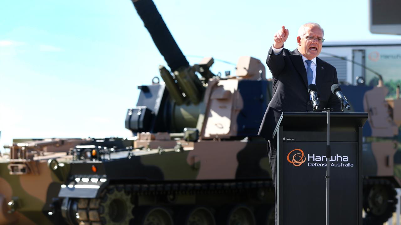 Prime Minister Scott Morrison at the turning of the sod for the Hanwha howitzer plant in Avalon. Picture: Alison Wynd