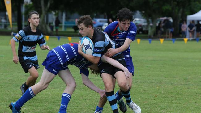 Day 1 of the King of the Country junior rugby union tournament at the Gold Coast Eagles Rugby Union Club.Maroochydore Swans (BLUE AND BLACK) vs USQ Saints (Blue ) Maroochydore Player No USQ Player No Pic Mike Batterham