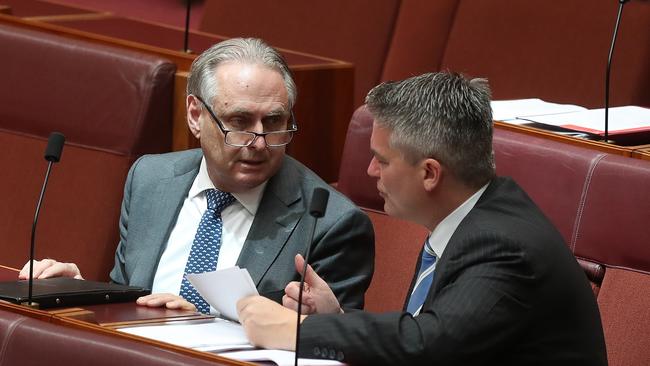 Senator Don Farrell — seen here talking with Senator Mathias Cormann — was expected to be the next Senate deputy leader for the Labor Party, but stood aside for Kristina Keneally. Picture: supplied