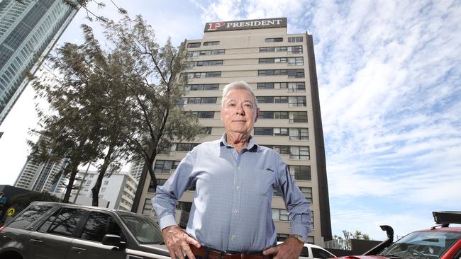 President apartment building is falling apart , concrete cancer, broken lifts and the pool in need of repair. Body corporate President and owner Graham Spottiswood in front of the building. Picture Glenn Hampson