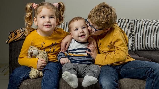 Kaila Stace’s three children, Hadley Stace, 3, Colton Streater, 10 months and Sebastian Streater, 8. Picture: Jerad Williams