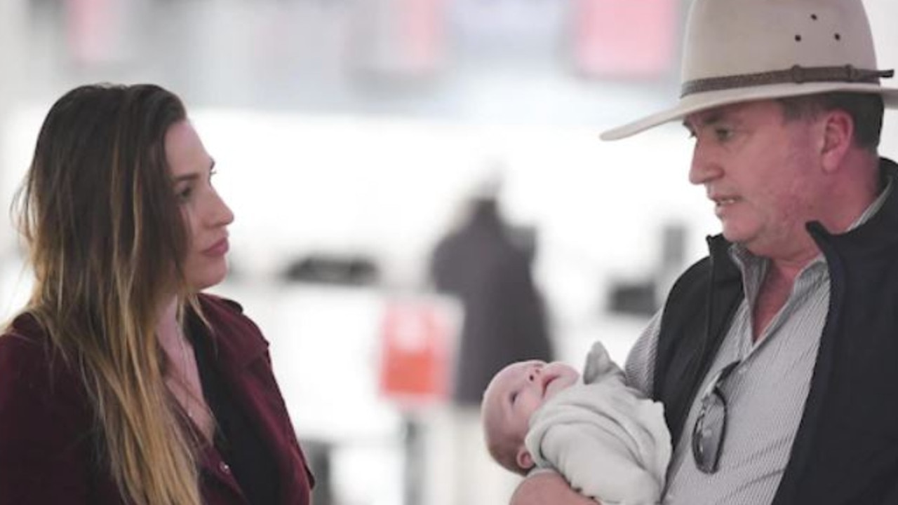 Barnaby Joyce with his newborn son and new partner Vikki Campion. Picture: Channel 9