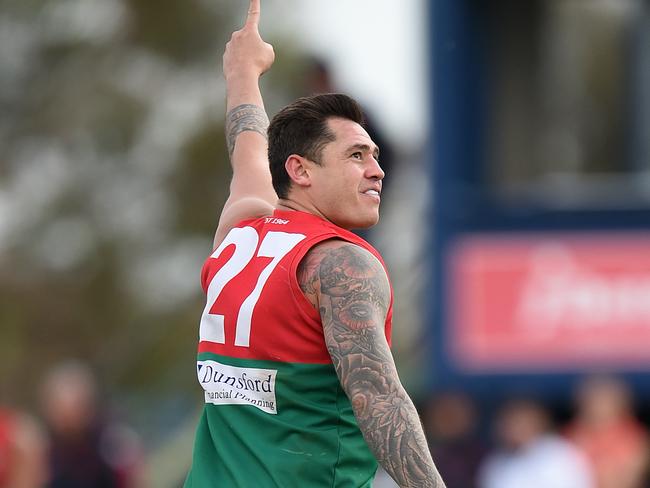 MPNFL Division 1: Mt Eliza v Frankston Pines.Frankston Pines #27 Aaron Edwards celebrates a goal.Picture: Jason SammonSaturday 14 April 2018