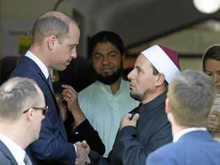 Britain's Prince William, Duke of Cambridge, speaks with Imam Gamal Fouda at the Masjid Al Noor mosque, in Christchurch, New Zealand, on Friday, April 26, 2019. Prince William met with survivors of the Christchurch mosque shootings. Picture: TRACEY NEARMY