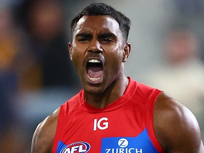 BRISBANE, AUSTRALIA - JUNE 28: Kysaiah Pickett of the Demons celebrates a goal during the round 16 AFL match between Brisbane Lions and Melbourne Demons at The Gabba, on June 28, 2024, in Brisbane, Australia. (Photo by Chris Hyde/AFL Photos/via Getty Images)