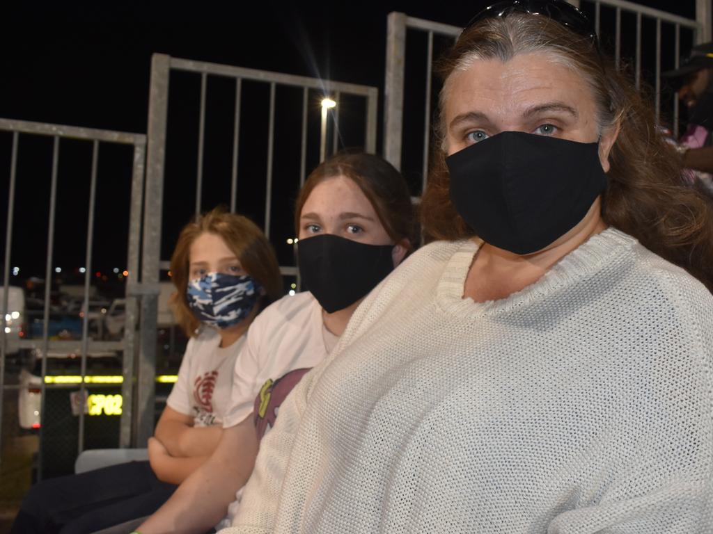 Jac Donaldson (left), Emily Donaldson and Jodie Donaldson at the Manly Sea Eagles v Sydney Roosters NRL semi final match at BB Print Stadium, Mackay, September 17, 2021. Picture: Matthew Forrest