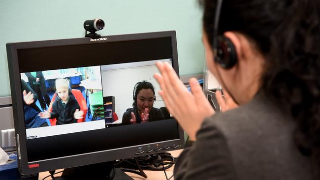 Kids in remote areas signing in with speech therapist Lydia Ling at Royal Far West. Picture: Annika Enderborg