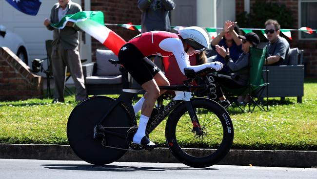 Elena Hartmann of Switzerland sprints during the 95th UCI Road World Championships 2022’s women’s individual time trial. Picture: Con Chronis/Getty Images