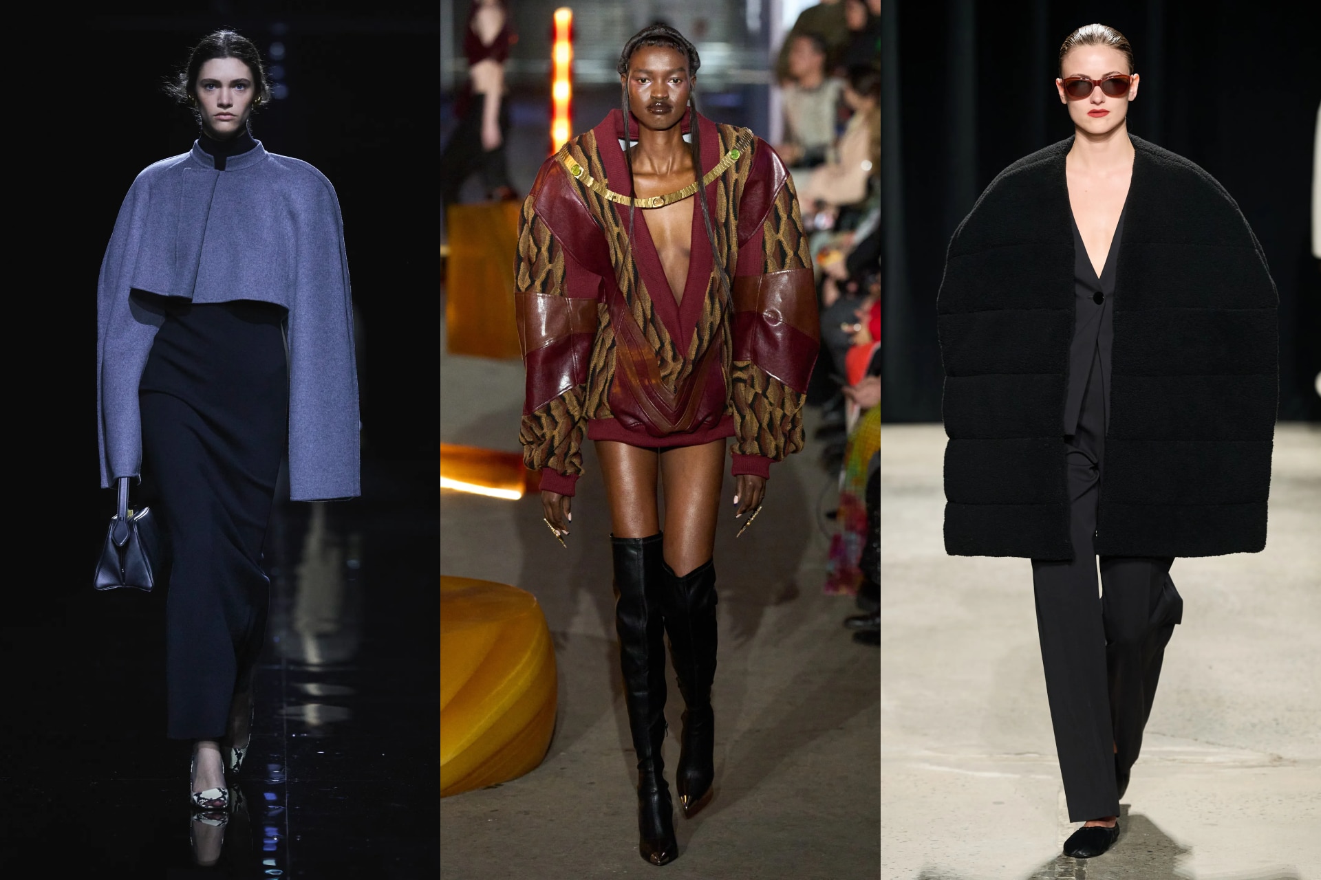 <p><i>Above (L-R): Khaite, Luar, Fforme</i></p><h2><b>Rounded off</b></h2><p>Linebacker shoulders? The designers at New York Fashion Week said yes, please. Silhouettes for autumn/winter were top-heavy, but in all the right ways. Shoulders were distended at Luar, Khaite and Fforme, where burly outerwear was balanced out with tapered maxi skirts and trousers. The same went for looks spotted at Collina Strada and Willy Chavarria&mdash;a trend that <a href="https://www.nytimes.com/2023/12/10/style/sleeves-poor-things.html" target="_blank" rel="noopener">Bella Baxter of <i>Poor Things</i></a> would no doubt approve of.</p>