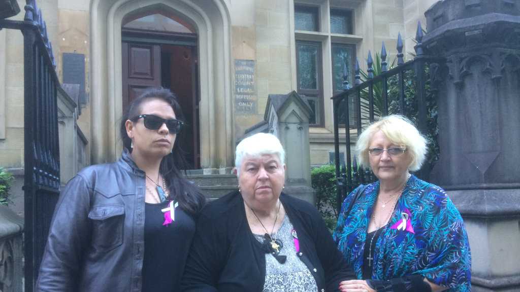 Outside Sydney Supreme Court on the trial's third day are (from left) Marie Darragh's granddaughter Shannon Parkinson and daughters Janet Parkinson and Charli Darragh. Picture: Chris Calcino