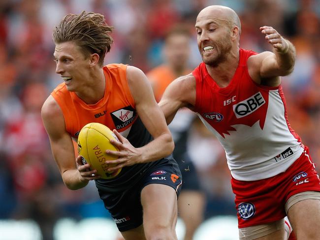 SYDNEY, AUSTRALIA - SEPTEMBER 10: Lachie Whitfield of the Giants is tackled by Jarrad McVeigh of the Swans during the 2016 AFL First Qualifying Final match between the Sydney Swans and the GWS Giants at ANZ Stadium on September 10, 2016 in Sydney, Australia. (Photo by Michael Willson/AFL Media/Getty Images)