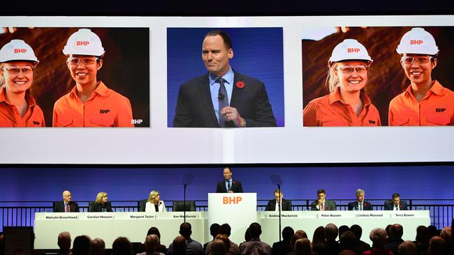 The board of BHP at the company’s AGM in Adelaide today. Picture: AAP