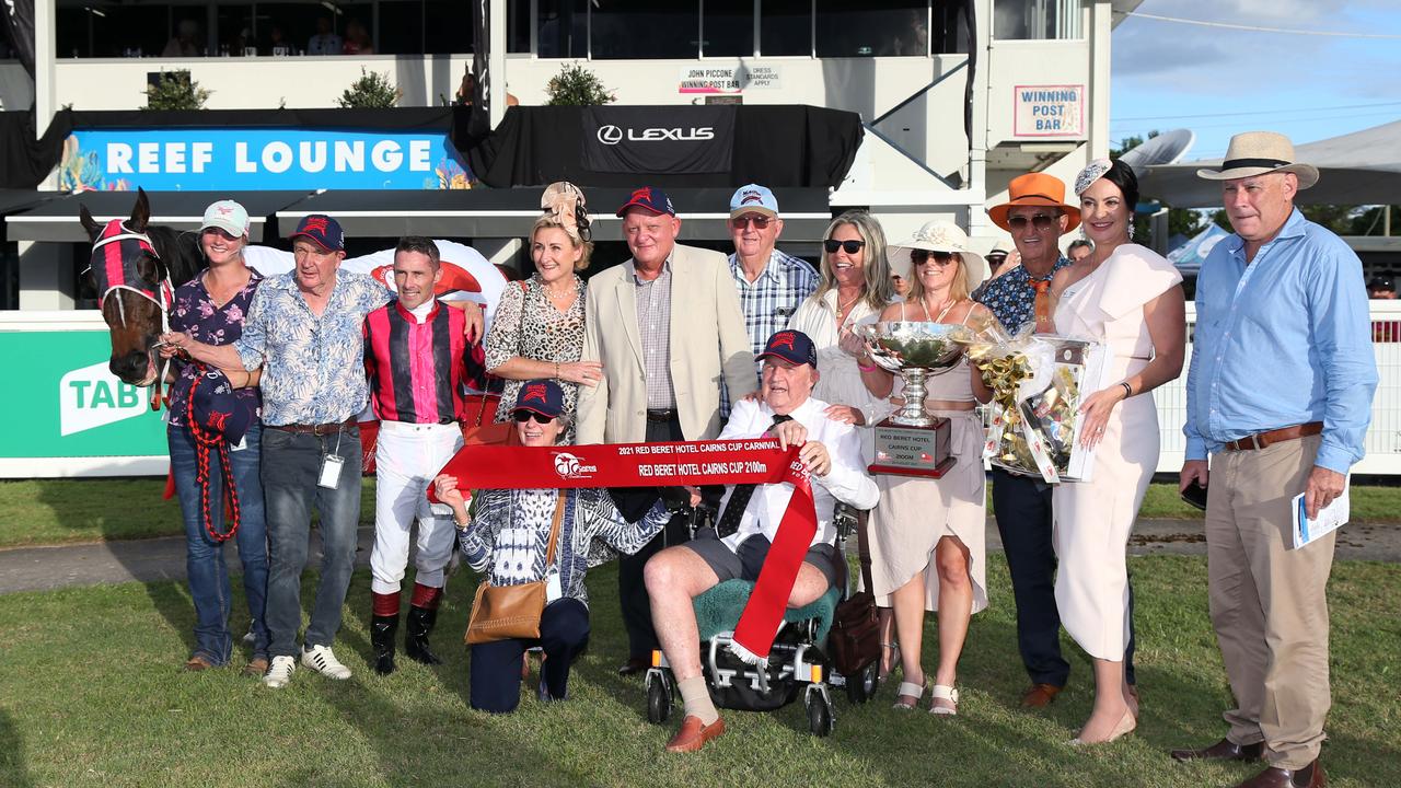 Winning horse of the 2021 Cairns Cup Tutelage, with trainer Ronnie Ryan, jockey Chris Whitely and horse owners at the Cairns Jockey Club, Cannon Park. Picture: Brendan Radke