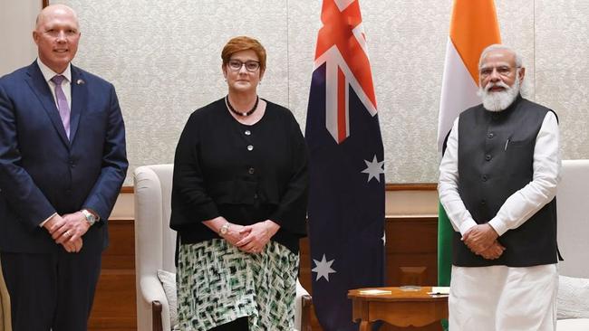 Defence Minister Peter Dutton, Foreign Minister Marise Payne and Indian Prime Minister Narendra Modi in New Delhi.