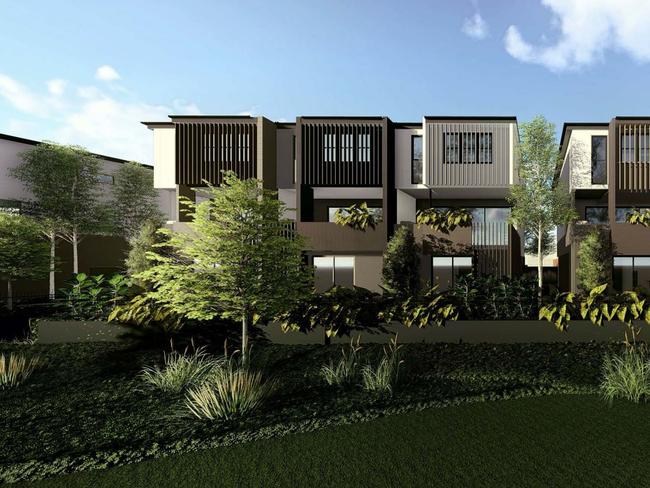 An image showing the proposed townhouse development at 77 Walkers Way, Nundah - Hedley Avenue streetscape. Image: Brisbane City Council pdonline