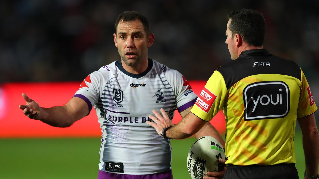 Cameron Smith of the Melbourne Storm appeals to the referee