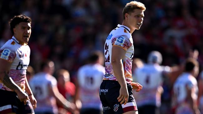 CHRISTCHURCH, NEW ZEALAND - MARCH 09: Frankie Goldsbrough of the Reds looks on during the round four Super Rugby Pacific match between Crusaders and Queensland Reds at Apollo Projects Stadium, on March 09, 2025, in Christchurch, New Zealand. (Photo by Joe Allison/Getty Images)