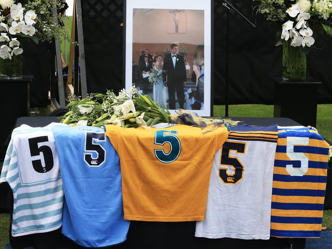 Dan Vickerman's jerseys at Dan Vickerman's Memorial service on the Number 1 Oval at Sydney University. pic Mark Evans