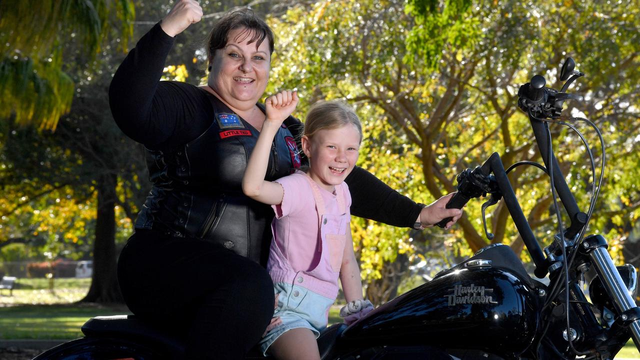 Mabyn Roberts, 9, is set for the annual Ride for Legacy with Patriots MC member Jo McHenry. Picture: Evan Morgan