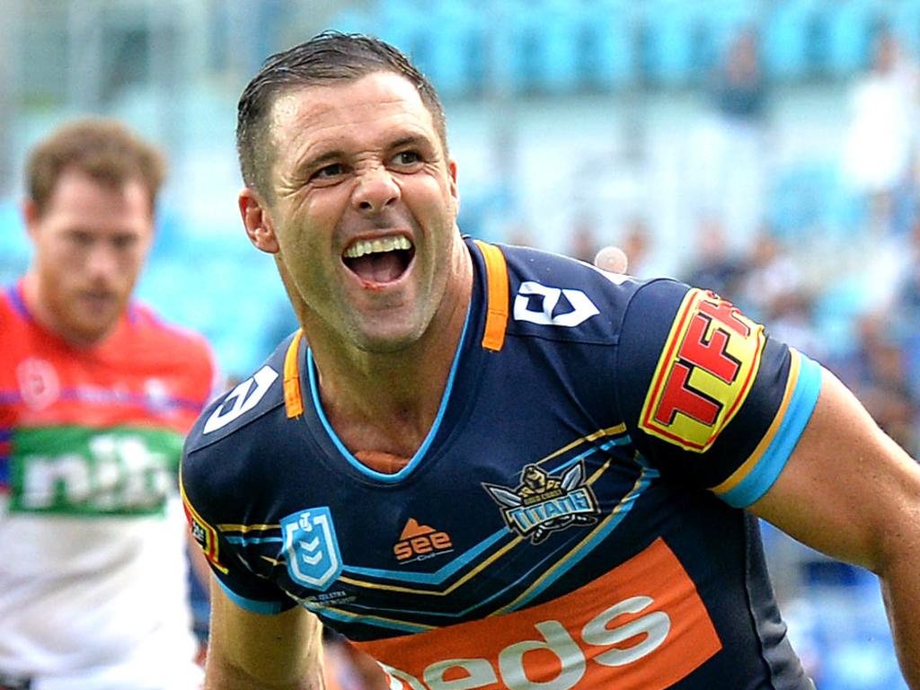 GOLD COAST, AUSTRALIA - APRIL 21: Michael Gordon of the Titans celebrates scoring a try during the round 6 NRL match between the Titans and the Knights at Cbus Super Stadium on April 21, 2019 in Gold Coast, Australia. (Photo by Bradley Kanaris/Getty Images)