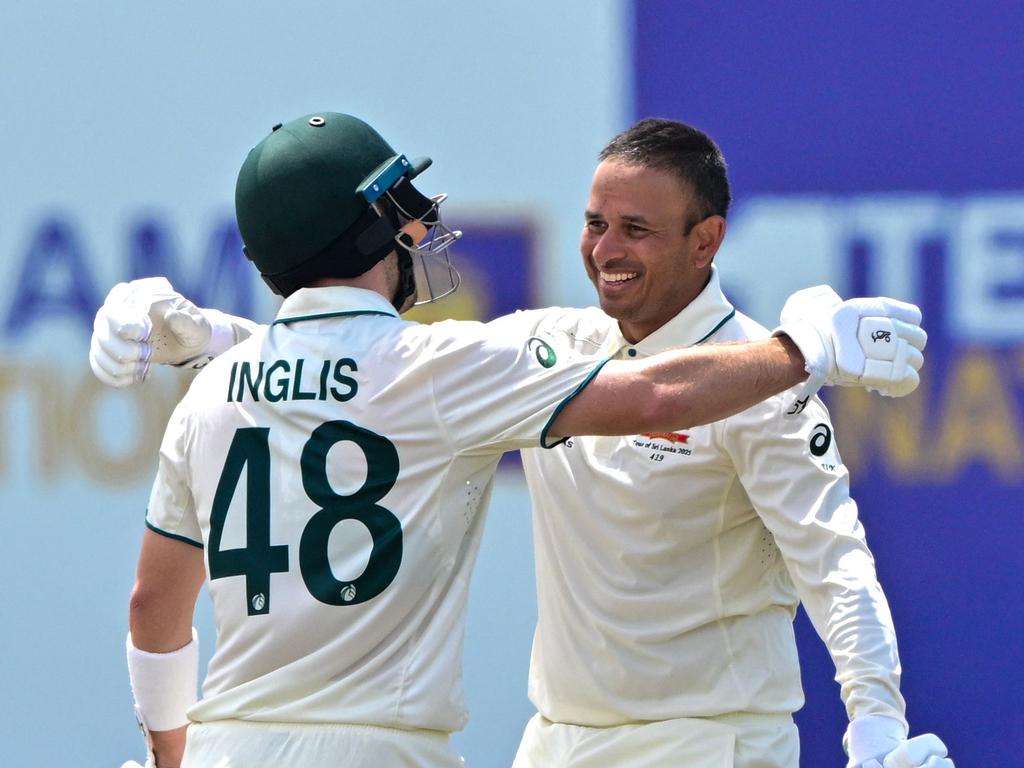 Usman Khawaja (R) has given teammate Josh Inglis some gentle ribbing over his English heritage. Picture: AFP