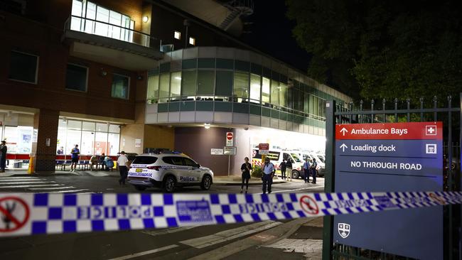 Police taped off the entrance to the emergency department at Liverpool Hospital. Picture: NCA NewsWire / Jonathan Ng.