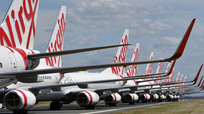 Grounded Virgin Australia aircraft at Brisbane airport. Picture: AAP