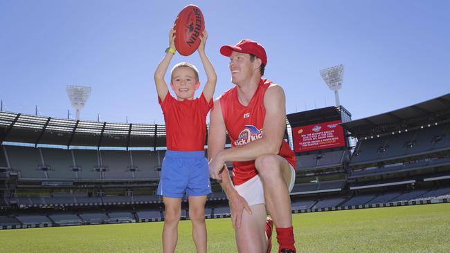 Jack Riewoldt — with Charlie Camelleri — is a Macca’s Kick 2 Kick ambassador. Picture: Wayne Taylor