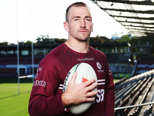 Strict Embargo. On Hold until Saturday 21st. The Daily Telegraph. 18.9.2024 Manly NRL media day. Manly forward Karl Lawton at Brookvale Oval.  Picture: Rohan Kelly