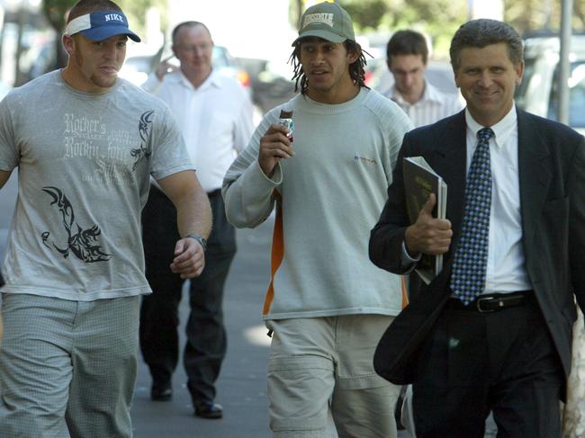 Mark O'Meley and Johnathan Thurston leaving the Sydney Police Centre in Surry Hills after being interviewed by detectives. No players pictured were involved. Picture: Nathan Edwards