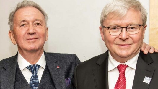 Kevin Rudd with Terje Rod—Larsen, the president of his New York-based think-tank, who has apologised for a ‘grave error’ in accepting a $130,000 loan from paedophile Jeffrey Epstein.