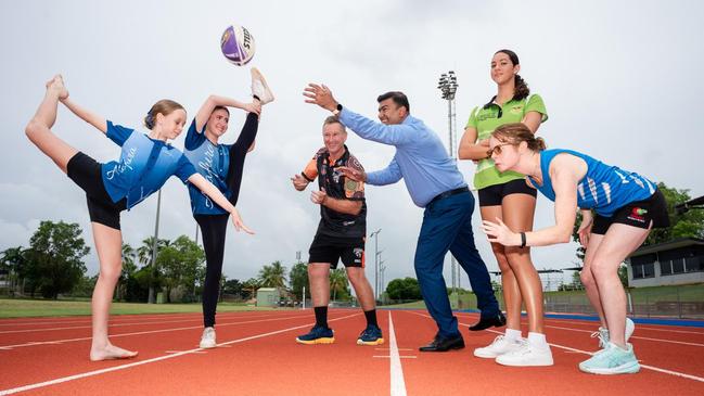 Minister Jinson Charls with 2025 Sports Awards Finalists (L to R) Matilda Mobsby and Alaina Kman (Arafura Calisthenics Club), Leon Cleal (Ruby League), Macey Sheridan (Swimming) and Alison Reidy (athletics)