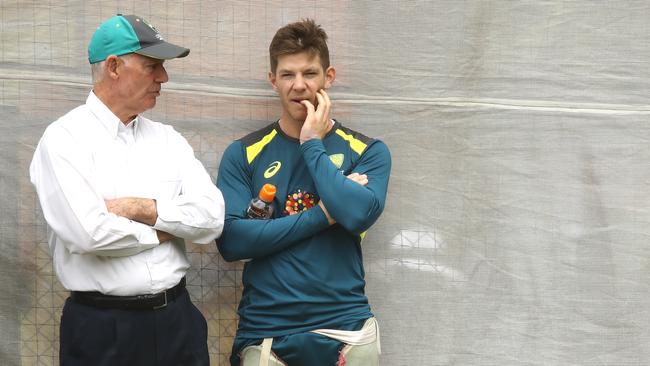 Tim Paine with selector Greg Chappell during Australia’s net session. Picture: Getty Images