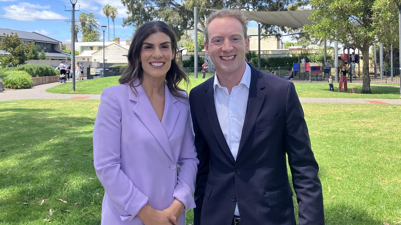 Liberal candidate for Dunstan Dr Anna Finizio with Liberal leader David Speirs at Norwood. Picture Brad Crouch