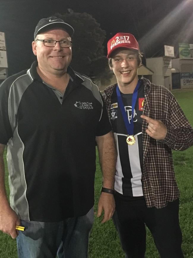 Port Adelaide star Zak Butters with Darley president Mark Shelly after winning a flag with the club in 2017. Picture: Supplied