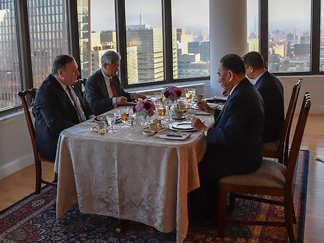 This handout photograph obtained courtesy of the US Department of State shows Kim Yong Chol (R), Vice Chairman of North Korea, during his dinner meeting with US Secretary of State Mike Pompeo (L) on May 30, 2018 in New York.  The North Korean senior official arrived in New York earlier on May 30, 2018 for talks on salvaging a summit meeting between US President Donald Trump and North Korean leader Kim Jong Un.  / AFP PHOTO / AFP PHOTO AND US Department of State / HO / == RESTRICTED TO EDITORIAL USE  / MANDATORY CREDIT:  