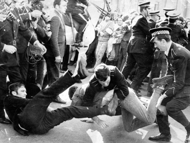 1970: A dramatic scene in Adelaide as police and protesters clash at a Vietnam Moratorium march. Events were held around the country in a campaign to withdraw Australian troops from Vietnam and end conscription. File picture