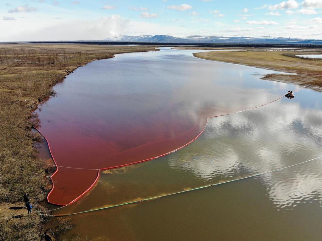 This handout photograph taken and released by the Marine Rescue Service of Russia on June 3, 2020, shows a large diesel spill in the Ambarnaya River outside Norilsk. Picture: Marine Rescue Service / AFP