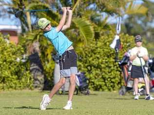 SOLID SWING: Xander White tees off at the Gladstone Junior Golf Open's 13-hole category. Picture: Matt Taylor GLA040819GOLF