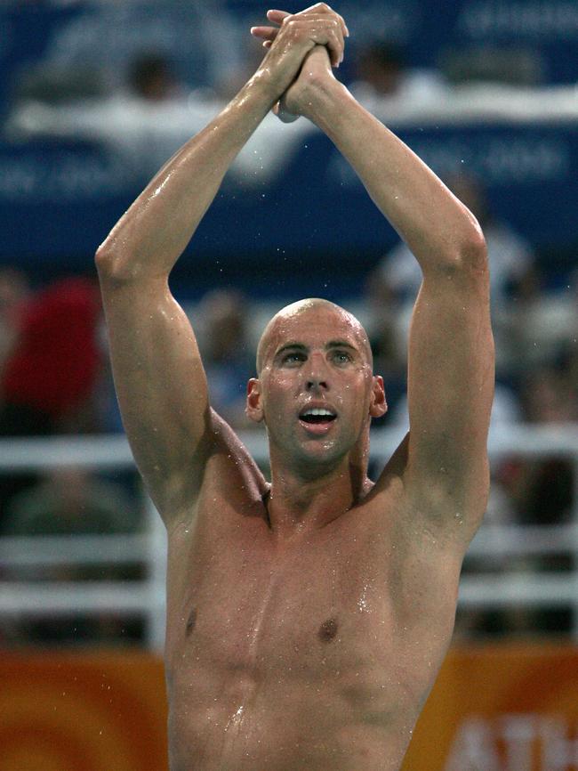 Grant Hackett celebrates in Athens. Picture: Getty Images