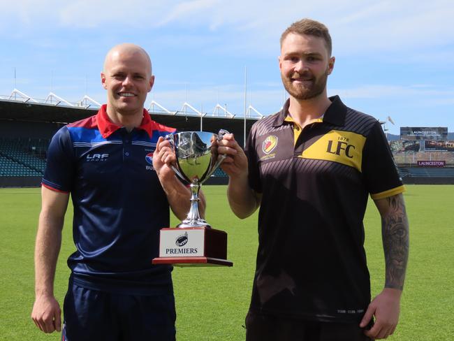 South Launceston co-captain and assistant coach Jay Blackberry with Longford skipper Kacey Curtis before Saturday's NTFA premier division grand final. Picture: Jon Tuxworth