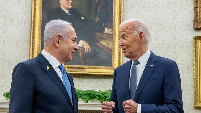 US President Joe Biden meets with Israeli Prime Minister Benjamin Netanyahu in the Oval Office.