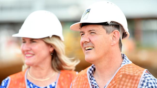 Then chief minister Michael Gunner and Infrastructure Minister Eva Lawler address media at the Zuccoli Primary School construction site, Darwin. Picture: Che Chorley