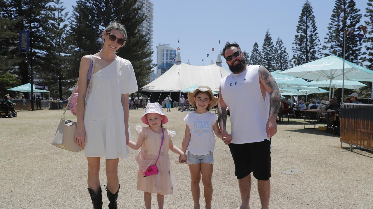 Vicki McLean, Primrose McLean, 4, Layla Paton, 7 and Michael Paton during the 10th Groundwater Country Music Festival. Picture: Regi Varghese