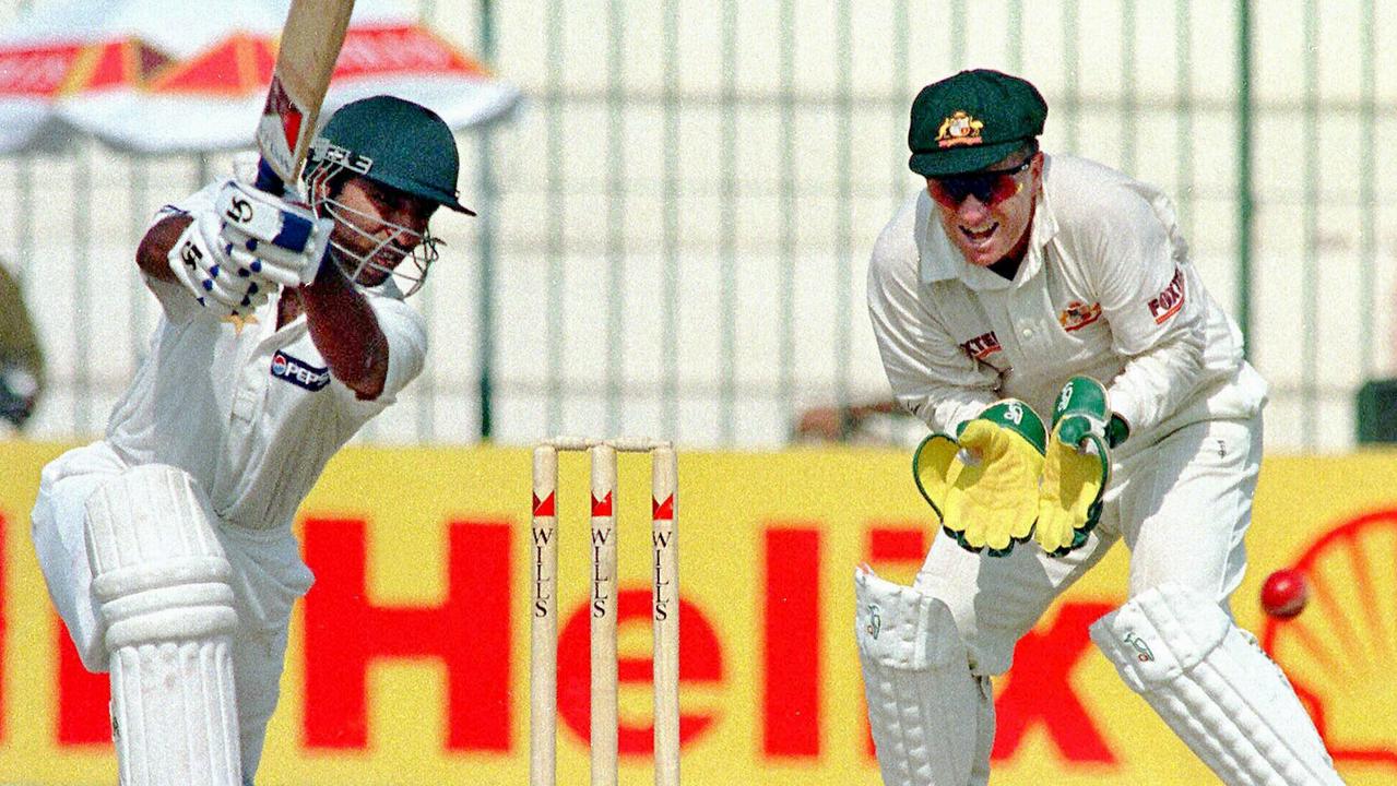 Ian Healy keeps wicket during the second Test match in Peshawar in 1998.