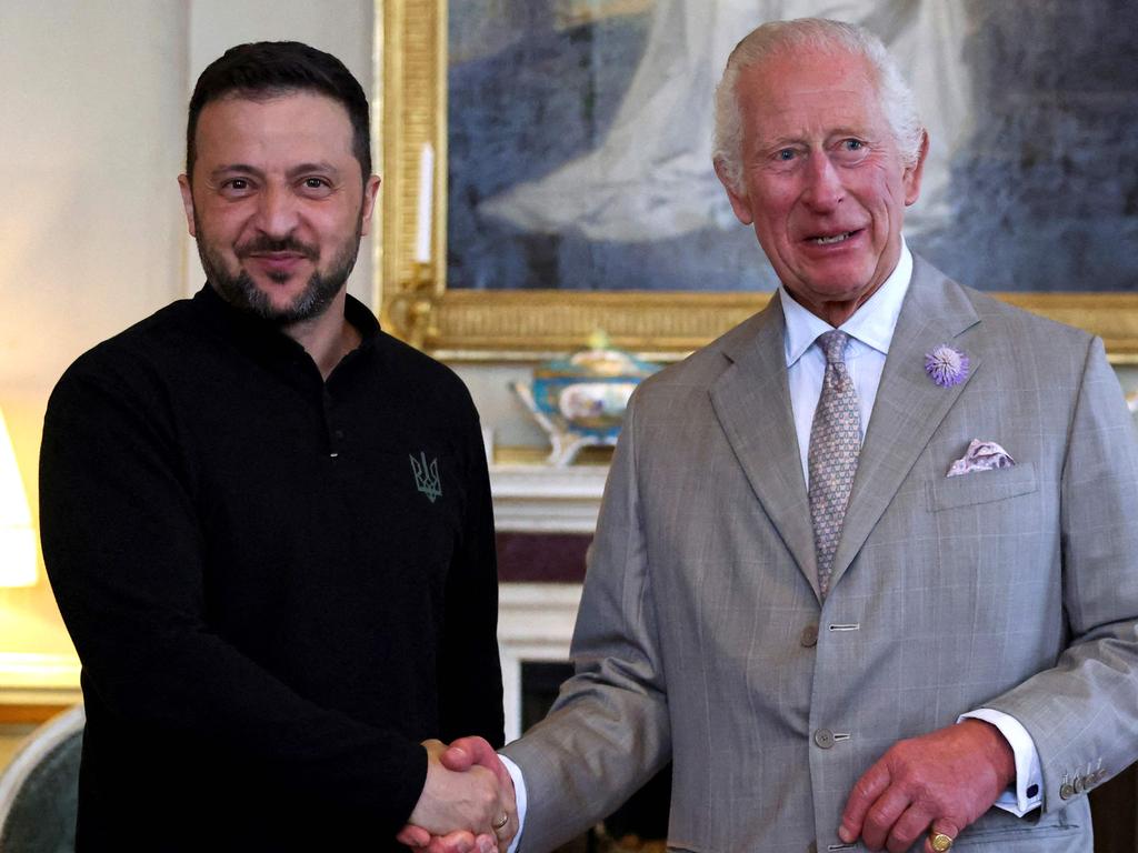 King Charles, with Ukraine’s President Volodymyr Zelenskyy, has long had a volatile relationship with youngest son Prince Harry and wife Meghan Markle. Picture: AFP