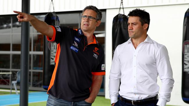 Cooper Cronk and Giants coach Leon Cameron. Picture: Toby Zerna