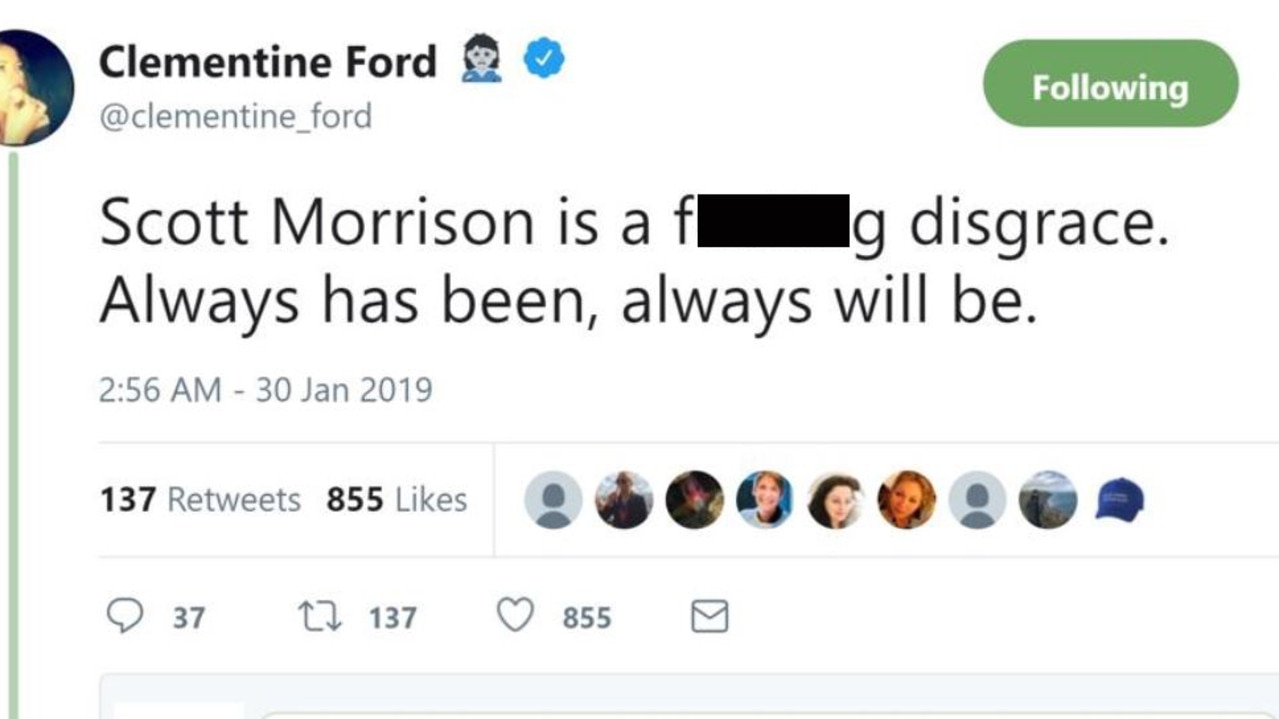 Australian feminist author and columnist Clementine Ford has come under fire for a series of tweets deconstructing her departure from Fairfax in relation to an extremely aggressive tweet against Prime Minister Scott Morrison. Picture: Twitter