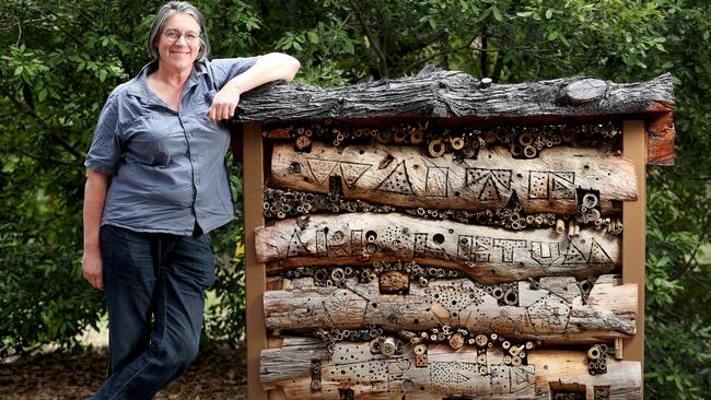 Native bee researcher Dr Katja Hogendoorn with the Native Bee Hotel near Urrbrae House in 2017. Picture: Calum Robertson