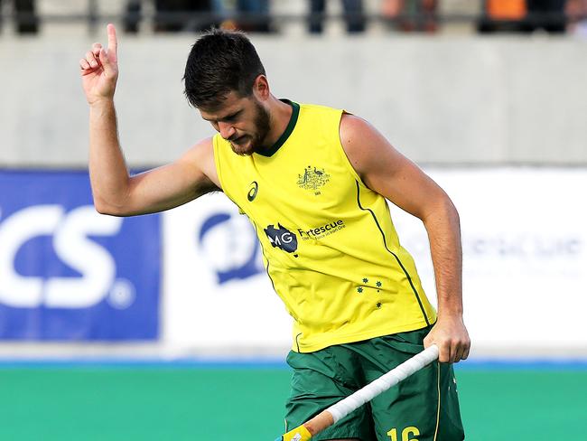 Kookaburra's versus Korea at the Hockey Centre. Australia's Matt Gohdes, left, celebtares his goal with Jeremy Hayward